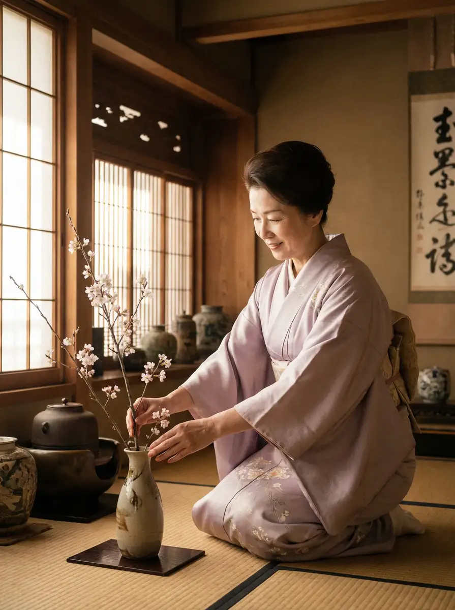 一位优雅的 万博平台 在和室中插花